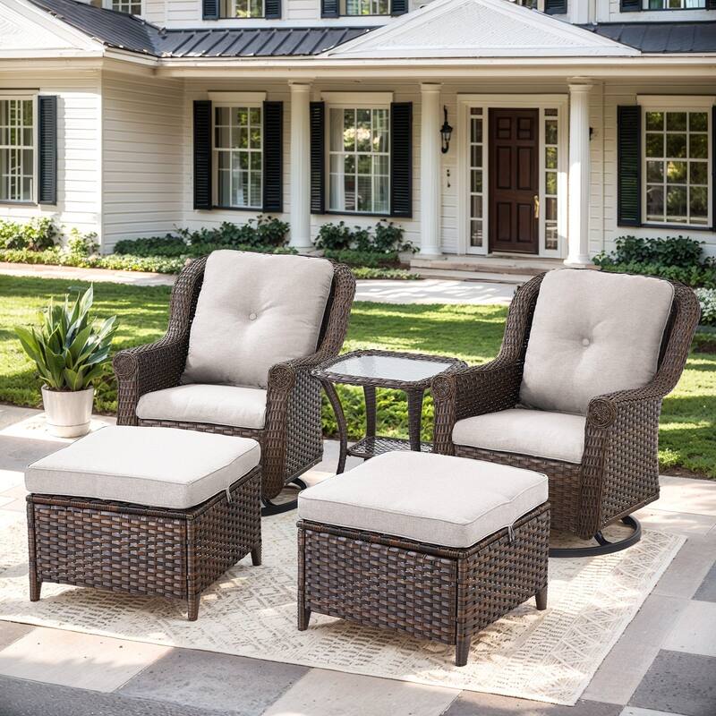 Pocassy Wicker Patio Conversation Set for Backyard - Beige Cushion - 5PCS Swivel Chairs with Ottoman Table