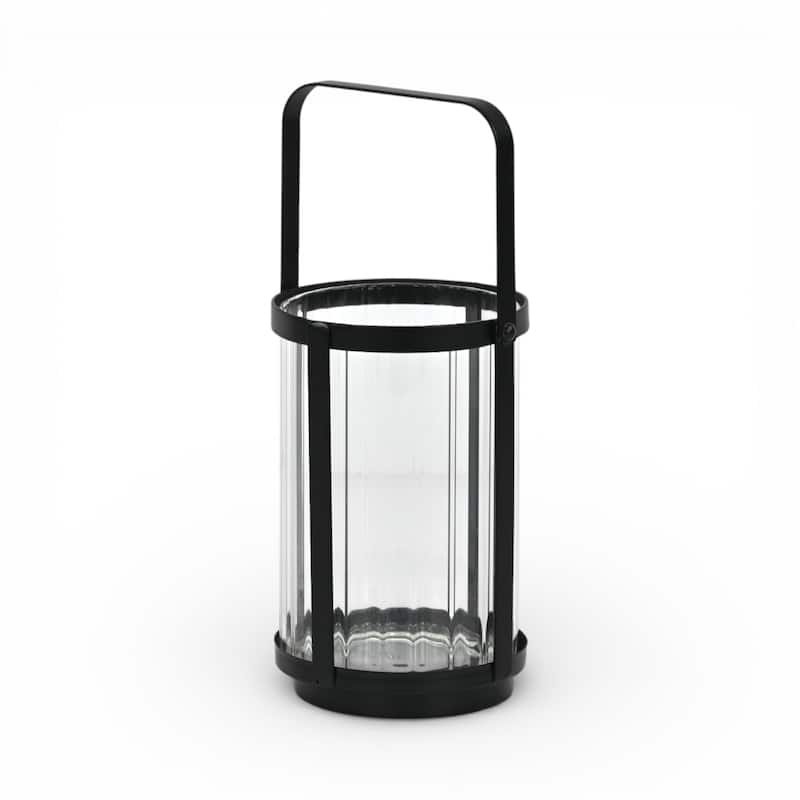 Vortial Fluted Glass Candle Lantern with Black Metal Frame