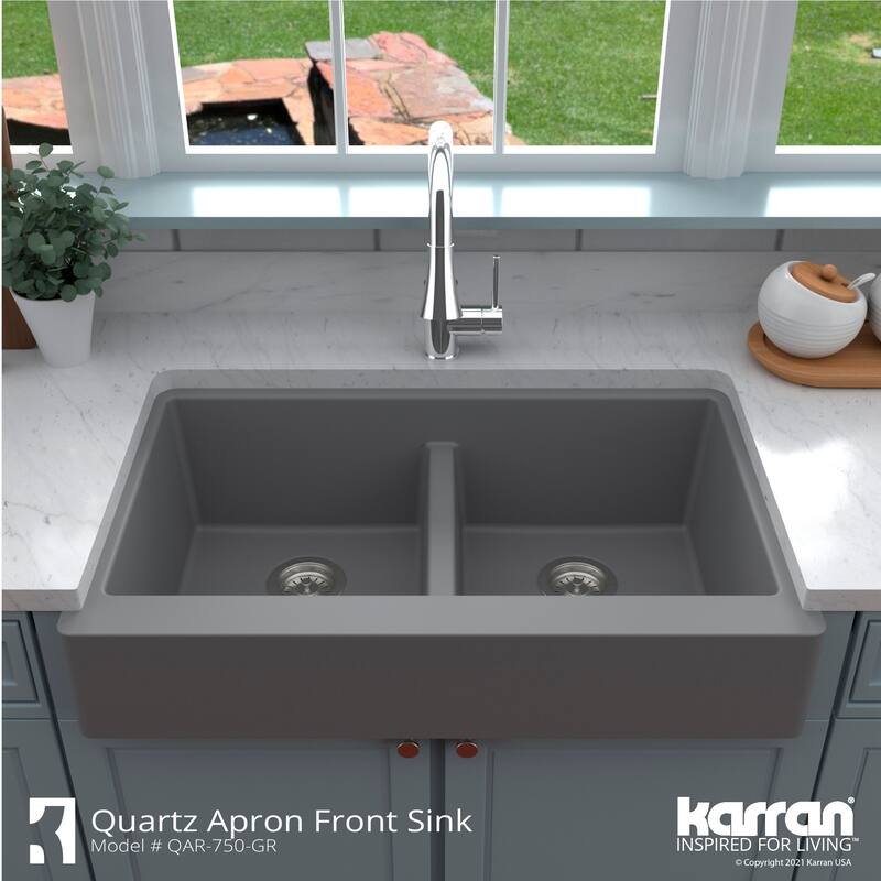 Karran Retrofit Farmhouse Quartz 34 in. Double Bowl 50/50 Sink Kit