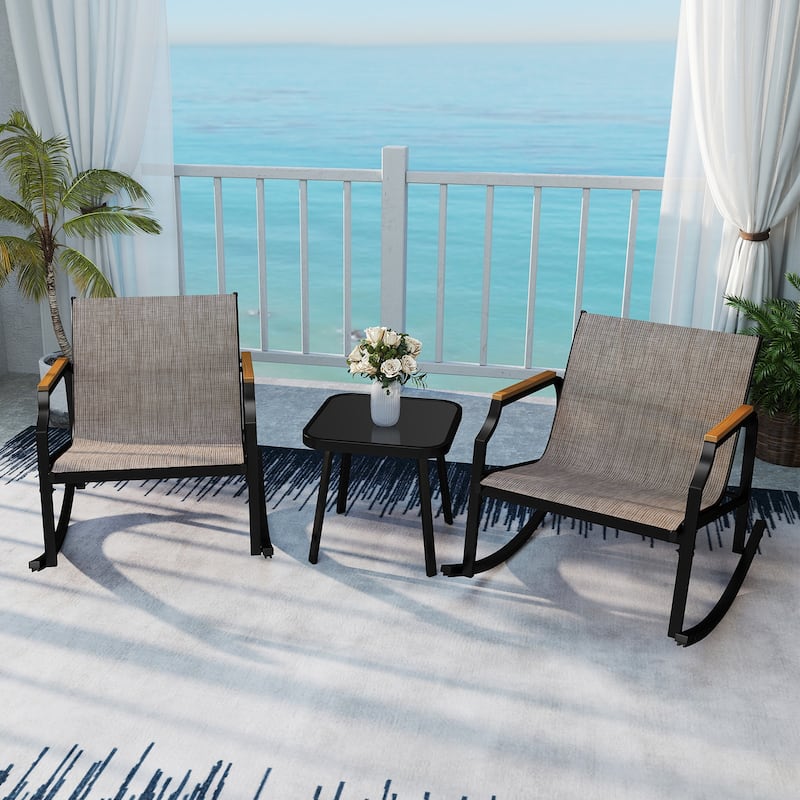 3 Piece Black-Brown Outdoor Rocking Chair Set with Coffee Table and Ergonomic Metal Frame Chairs - 35" x 27" x 29"