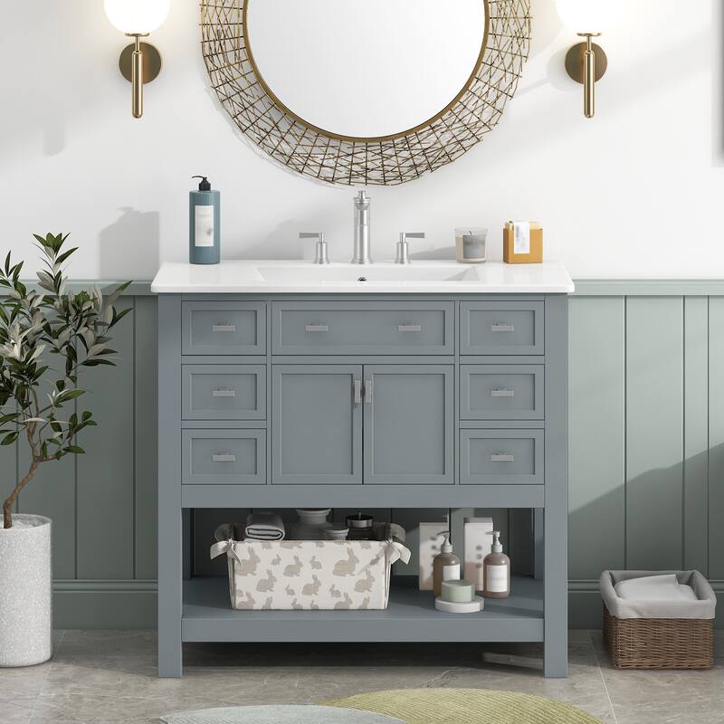 36'' Bathroom Vanity with Top Sink Bathroom Storage Cabinet with 6 Drawers and Open Storage Shelf and 2 Soft Closing Doors
