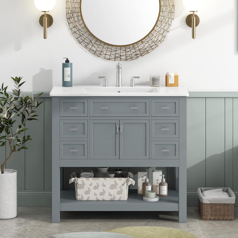 Roomfitters 36 Inch Bathroom Vanity with Sink, Modern Storage Cabinet with 2 Doors and 6 Drawers, Grey