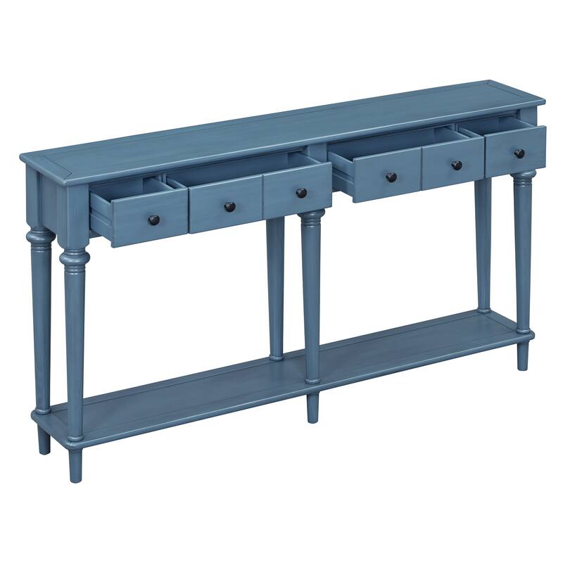 Navy Blue Versatile Hallway Table Side Table with 4 Storage Drawers, Accent Table Sofa Table with Bottom Open Shelf