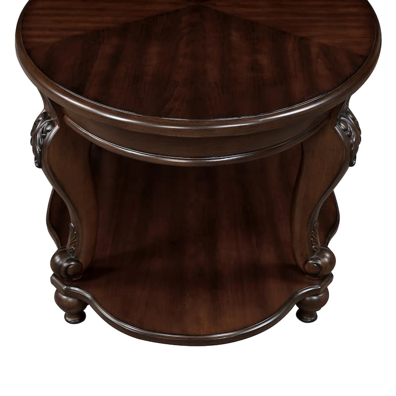 22'' Retro Round End Table,Solid Wood Sofa Side Table with Shelf,Living Room Corner Table Easy Assemble,Cherry