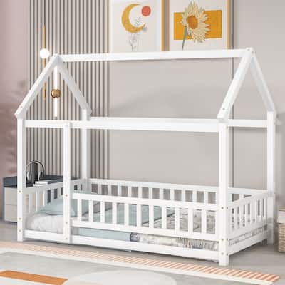 Twin Size Floor Wooden Bed with House Roof Frame