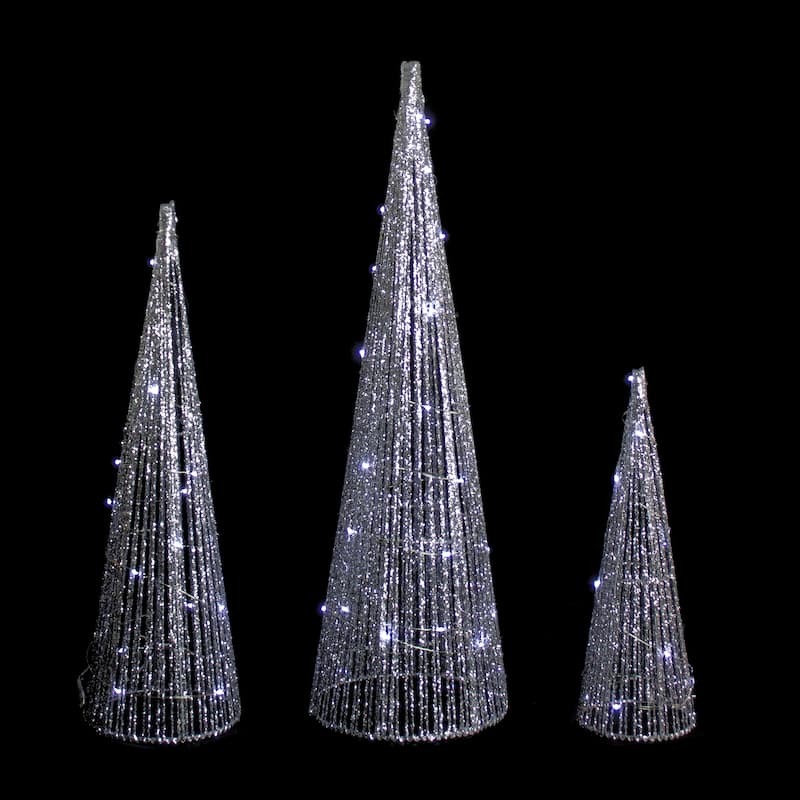 Set of 3 LED Lighted Glitter Cone Tree Outdoor Christmas Decorations 23.5"
