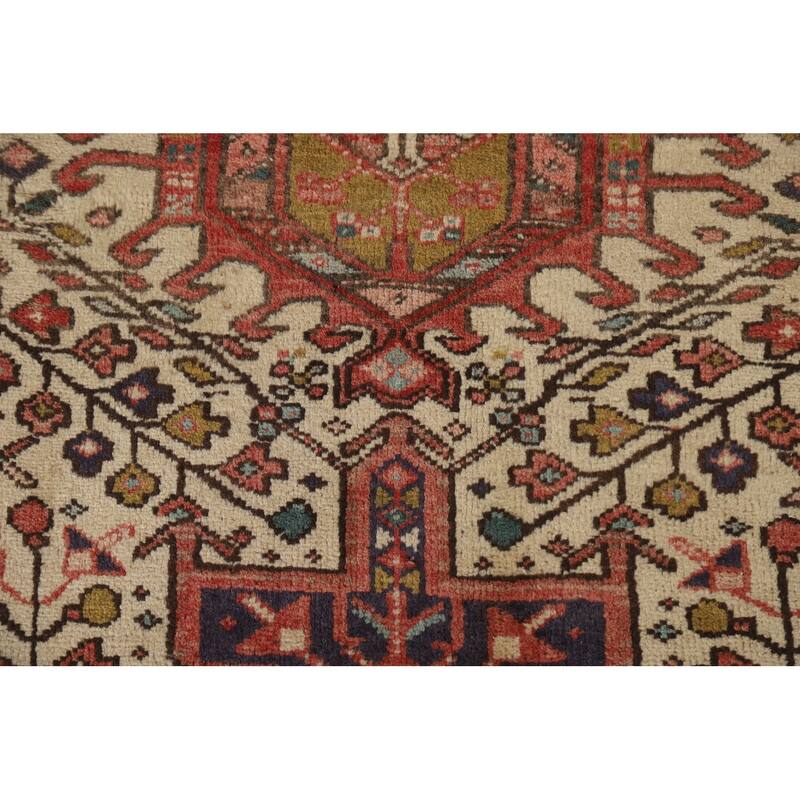 Hand Knotted Oriental 100% Wool Carpet Traditional Geometric Beige & Ivories Heriz Runner Rug - 10' 7'' X 3' 3''