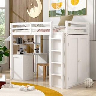 White Twin Loft Bed with Desk, Drawers, and Wardrobe, Space-Saving Design for Small Rooms
