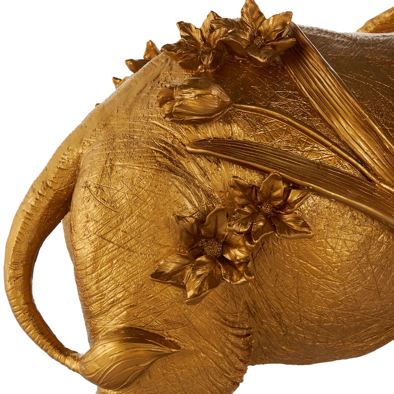 Gold Resin Walking Elephant Decorative Sculpture with Floral Accents - 9"W x 22"L x 19"H
