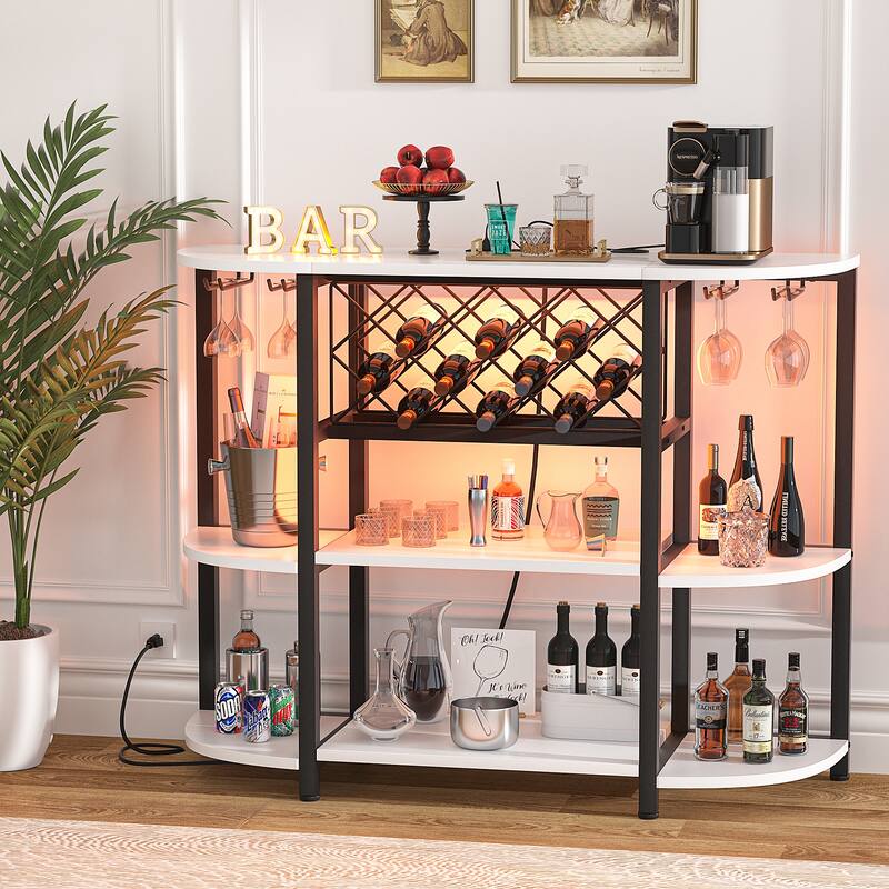 Modern Bar Shelf with Wine Holder and Glass Rack, Sideboard with Charge Station and LED Light