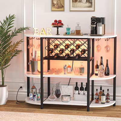 Modern Bar Shelf with Wine Holder and Glass Rack, Sideboard with Charge Station and LED Light
