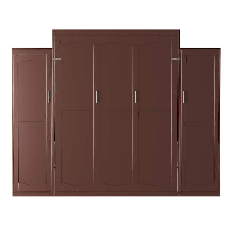 Full/Queen Size Murphy Bed, Wood Wall Murphy Bed with Two Closets and Shelves, Foldable Platform Bed Frame with Wooden Slats