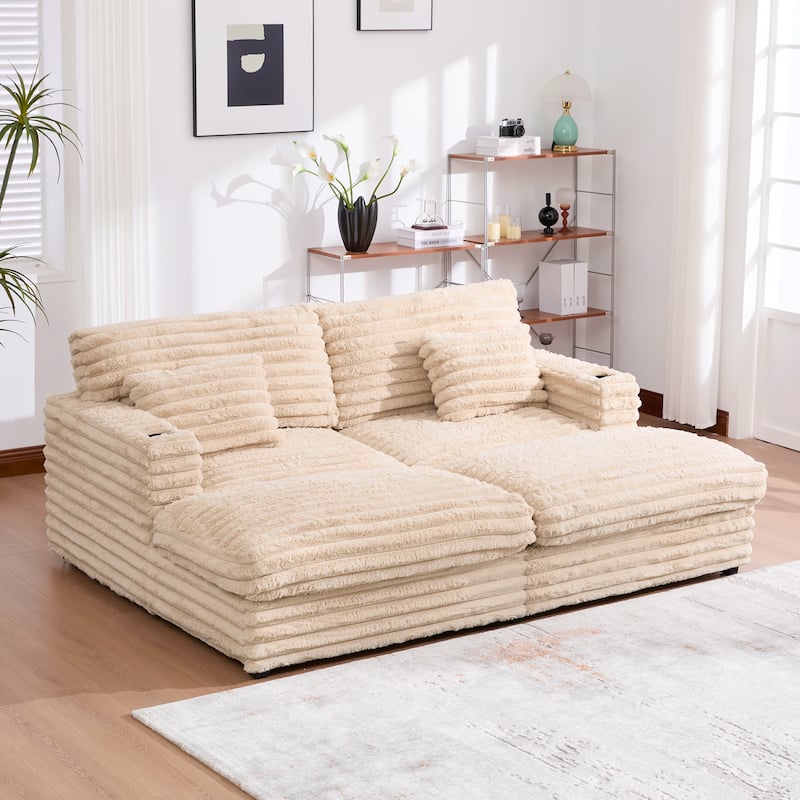 Plush Oversized Double Chaise Sofa with USB Charging, Cup Holders & Ultra-Deep Seating by Harper&Bright Designs - Champagne