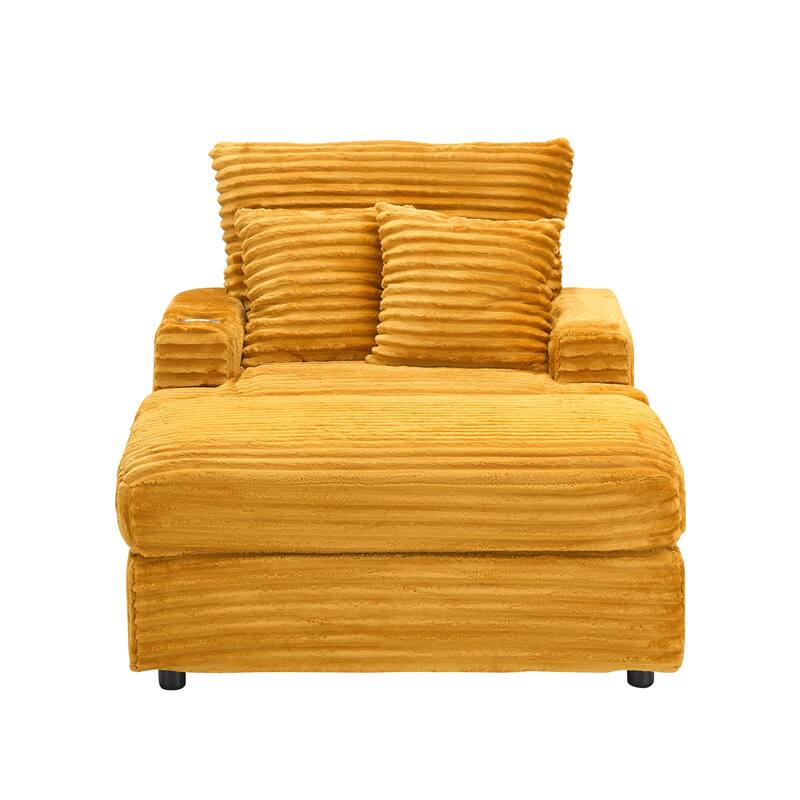Corduroy Armchair Ottoman Set with Cup Holder, Spring Cushion and 2 Throw Pillows