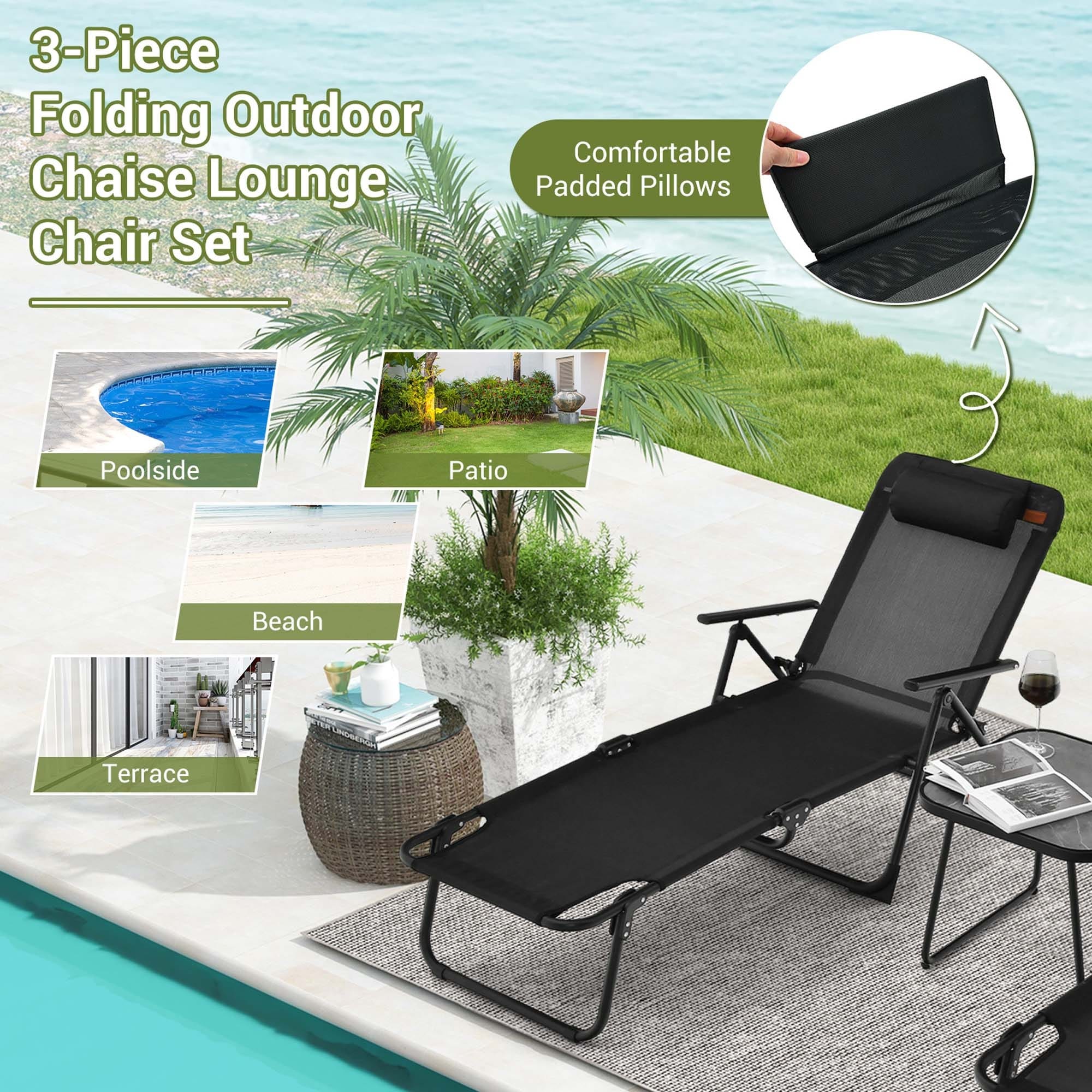Costway 3pcs Patio Folding Chaise Lounge Chair PVC Tabletop Set