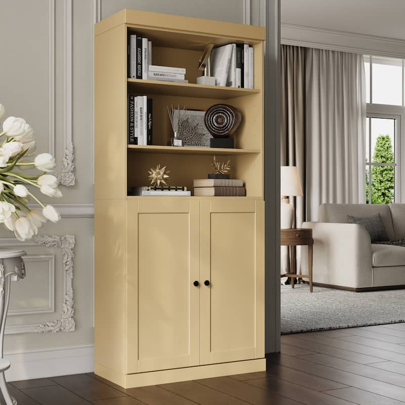 Solid Wood Tall Bookcase with Doors, Adjustable Shelves, Modular Storage, Open Display Bookshelf, 32" W x 71.5" H