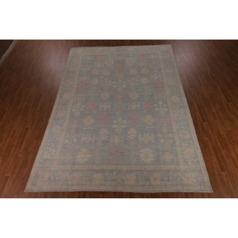 Blue Oushak Vegetable Dye Turkish Large Rug Hand-Knotted Wool Carpet - 9'9"x 13'11"