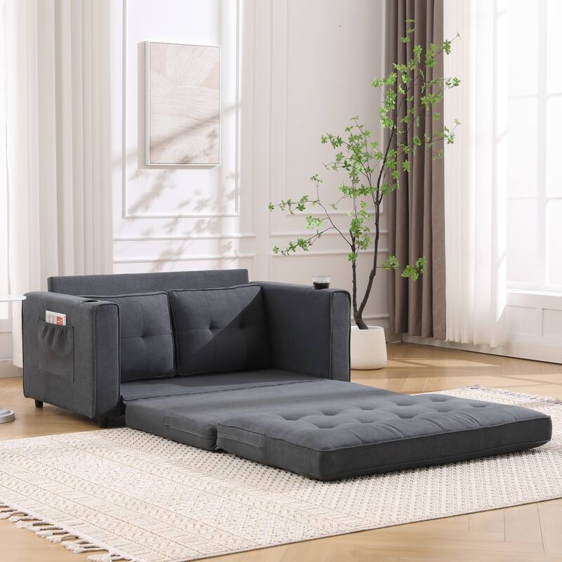 Upholstered Futon Sofa Convertible Sofa Bed Tufted Loveseat wFolding Mattress, Cup Holder & Pockets 2-seat Armchair