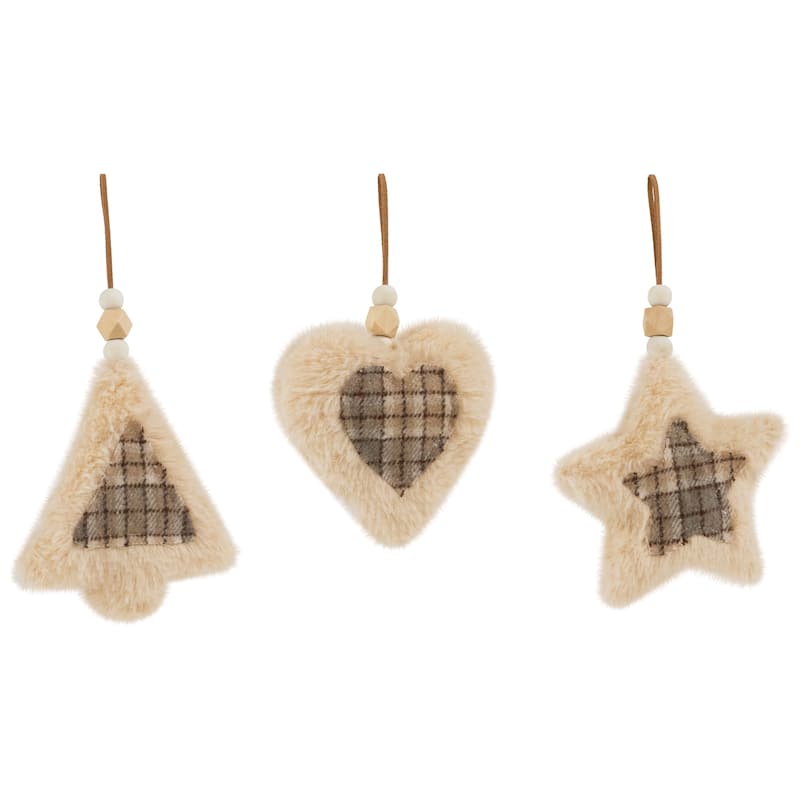 Plush Tree Star and Heart Shaped Plaid Christmas Ornaments - 4.5" - Set of 3