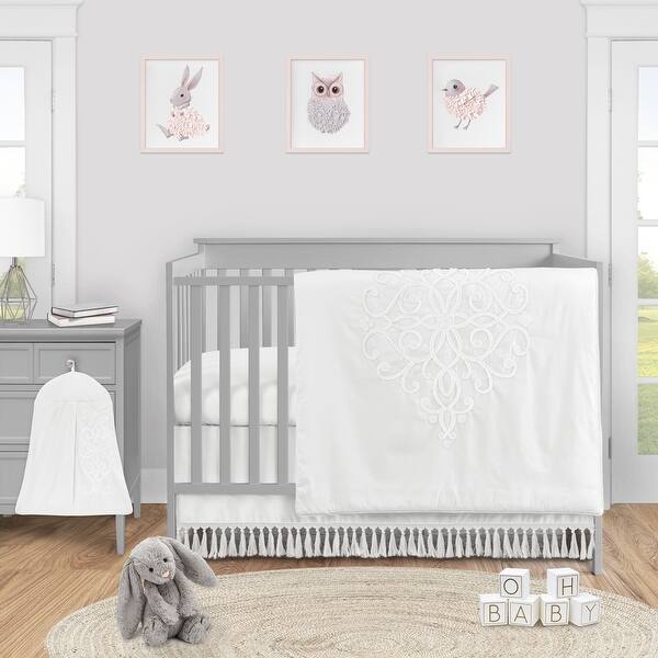 slide 2 of 6, White Boho Bohemian Girl 4pc Nursery Crib Bedding Set - Solid Shabby Chic Princess Luxurious Luxury Elegant Vintage Designer
