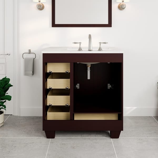Eviva Acclaim 30 in. W x 22 in. D x 34 in. H Bath Vanity in Teak with White Carrara Quartz Top with White Sink