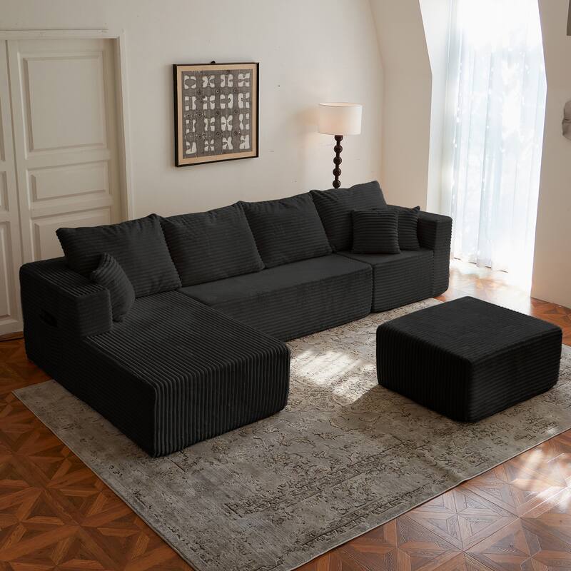 Corduroy Modular Sectional Sofa with Ottoman, U Shaped Upholstered Couch - Black