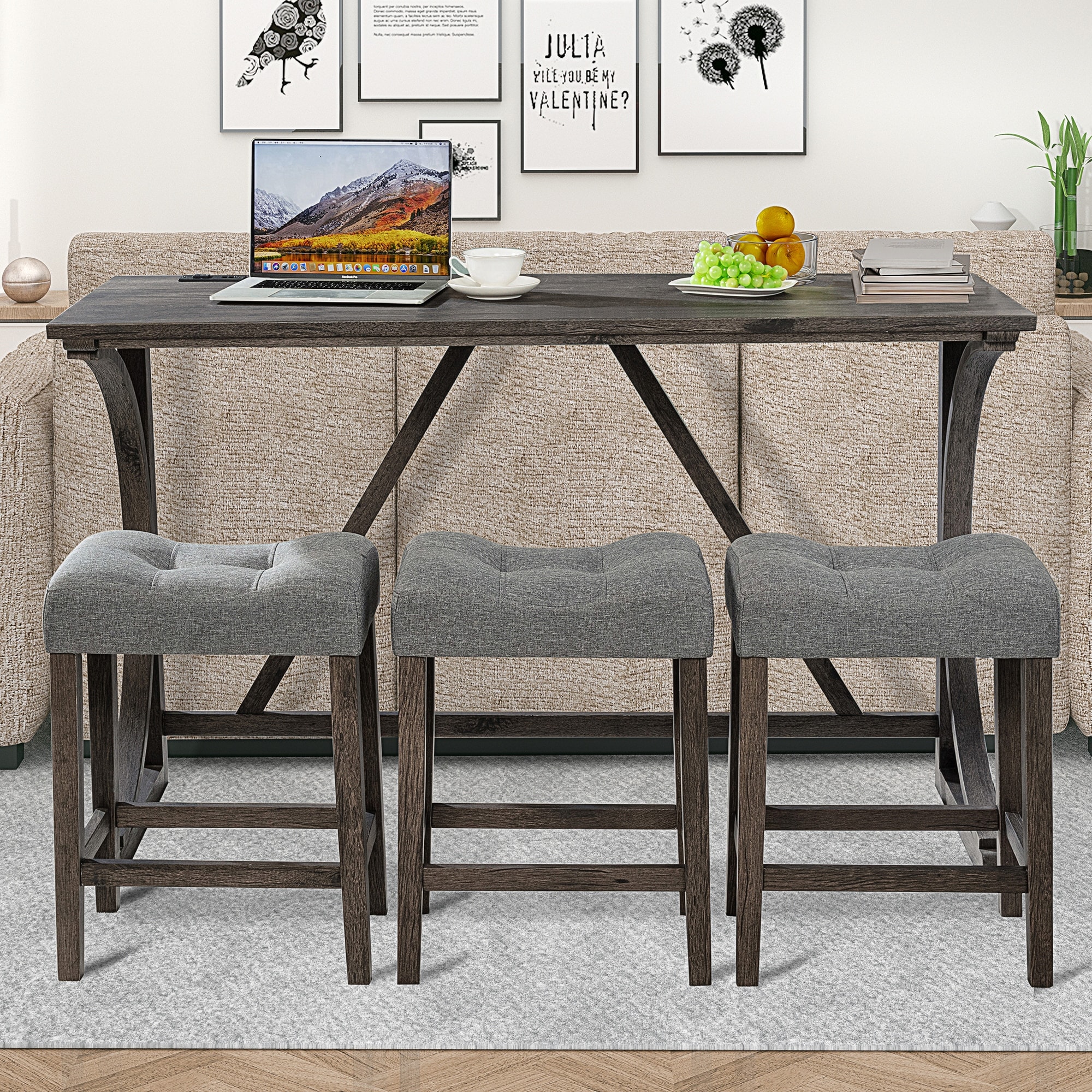 Bar Table Set with USB Ports & 3 Padded Seat Stools, Dark Gray