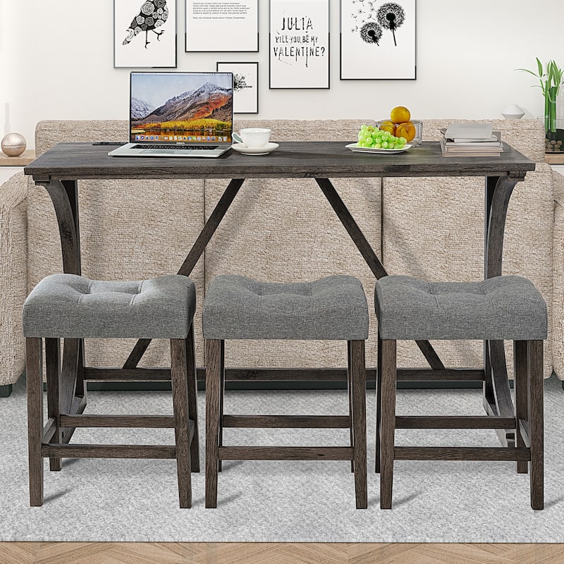 GDFStudio - Alderon 4-Piece Industrial Bar Height Table Set with Built-In Power Outlet & 3 Upholstered Stools