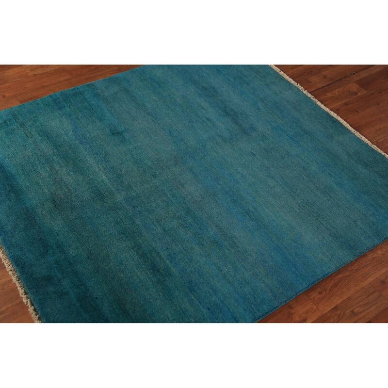 Teal Blue Gabbeh Square Oriental Rug Handmade Wool Carpet - 4'0" x 4'5"