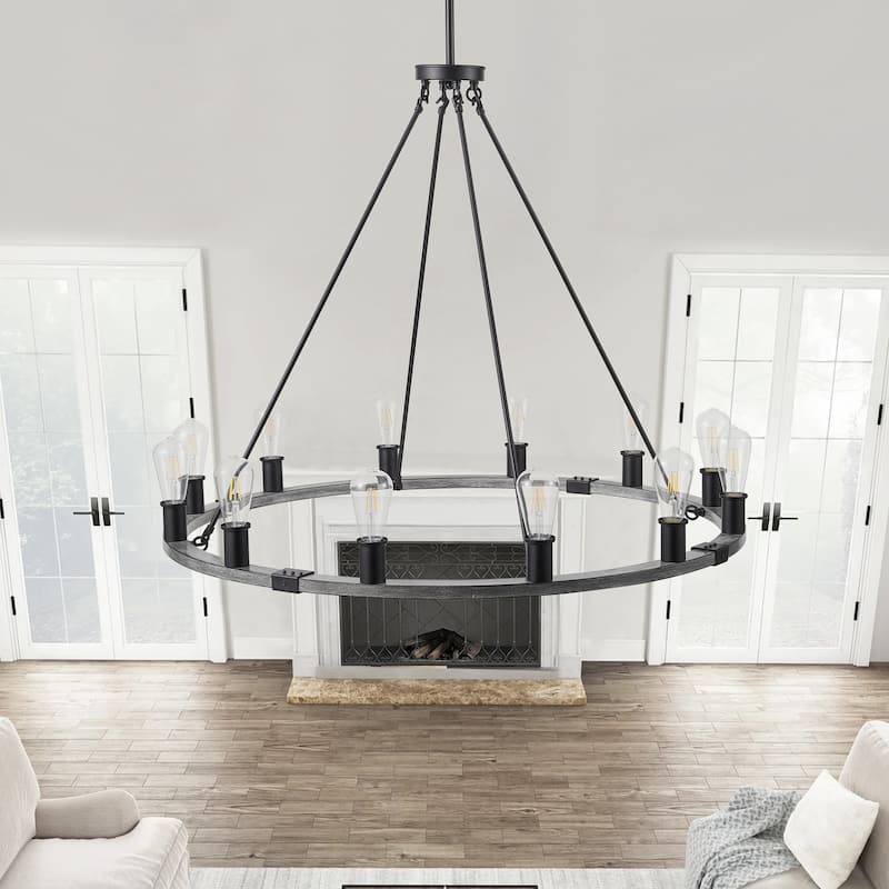 12-Lights Dimmable Farmhouse Style Wagon Wheel Chandelier - 39.4"D×4.7"W×76.8"H(Adjustable) - Black - 39.4"D×4.7"W×76.8"H(Adjustable)