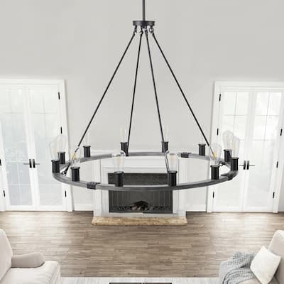 12-Lights Dimmable Farmhouse Style Wagon Wheel Chandelier - 39.4"D×4.7"W×76.8"H(Adjustable)