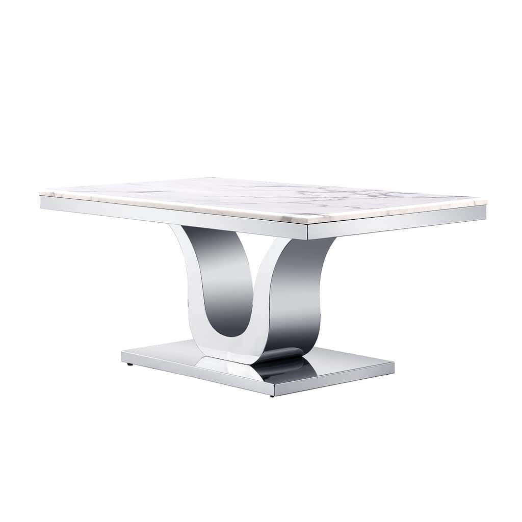 White Coffee Table with Stainless Steel Silver U Base and 48 smooth white textured top For Living Room