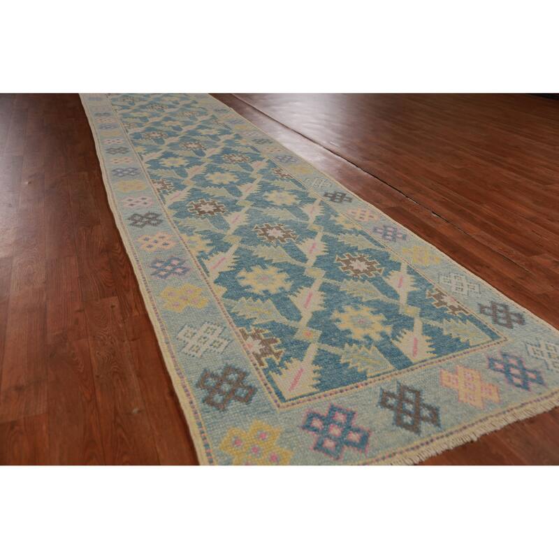 Hand Knotted Oriental 100% Wool Carpet Transitional Floral Navy Blue & Blues Oushak Runner Rug - 17' 2'' X 3' 1''