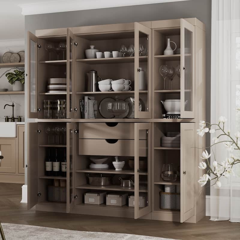 Palace Imports 100% Solid Wood Kitchen China Cabinet Pantry with Glass or Solid Wood Doors and 2-Drawer Kit - 65" x 71.5" - Beige - Clear Glass-Solid