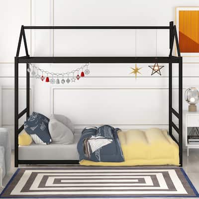 Twin House Platform Bed with Roof and Chimney Design, Metal Frame