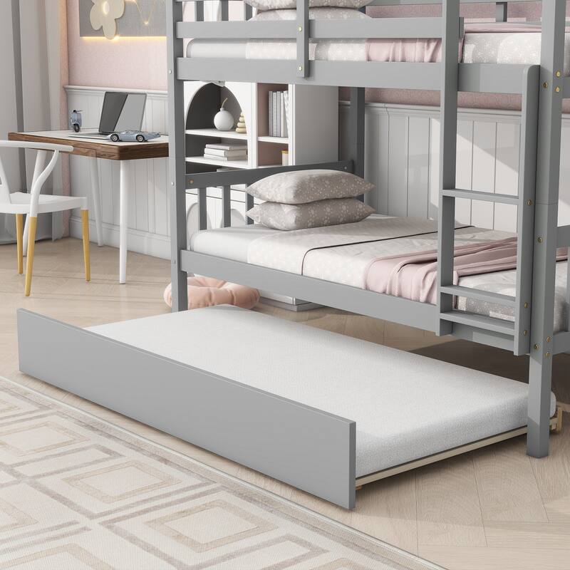 Roomfitters Twin Over Twin Rubber Wood Bunk Bed with Trundle, Convertible to Two Twin Beds, Ladder and Guardrails