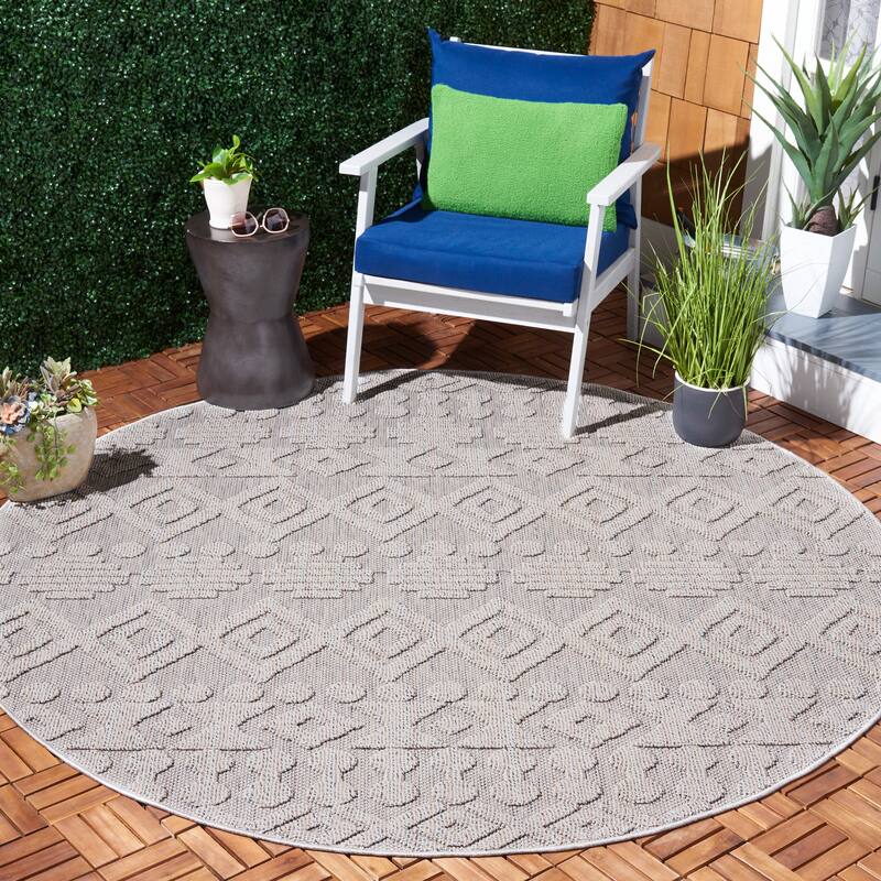 SAFAVIEH Global Sachiko Indoor/ Outdoor Moroccan Boho Rug - 6'7" Round - Grey/Ivory