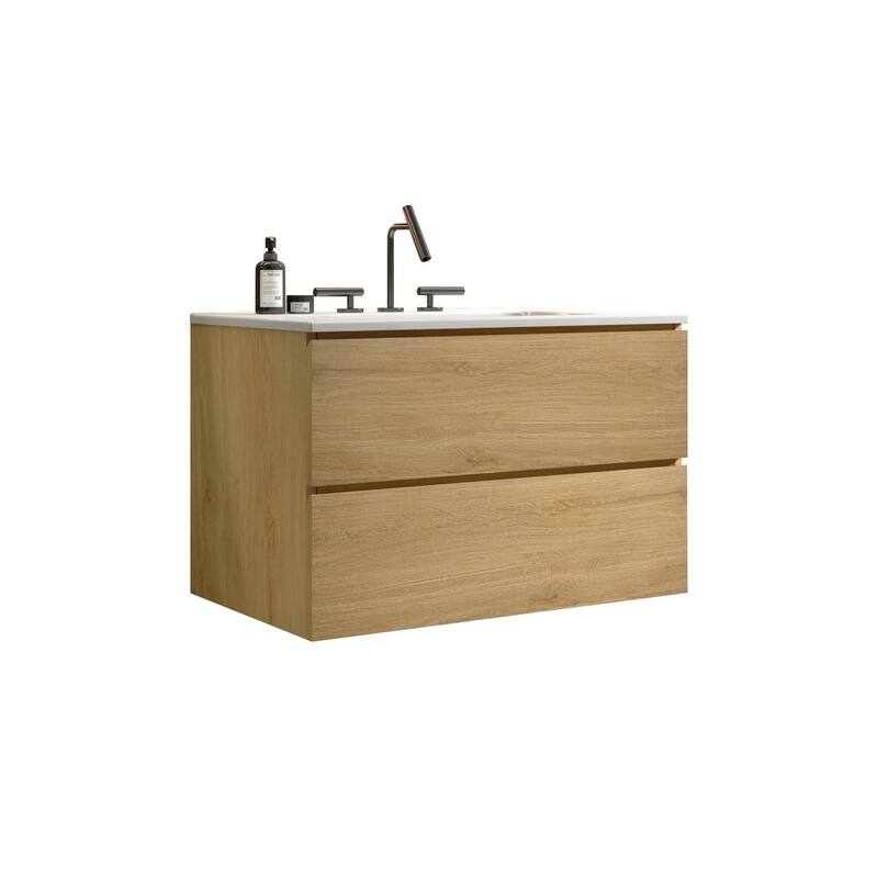 36-Inch Wall Mount Bathroom Vanity in Space Grey with Ceramic Sink, Large Storage