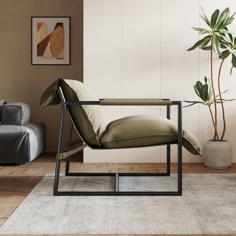 Mid-century Metal Sling Upholstered Armchair with Lengthen Upholstered