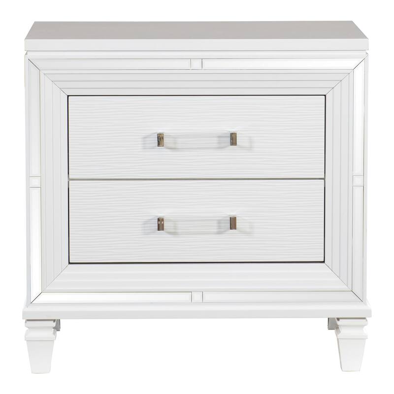 Glamorous White Silver Nightstand, 2 Drawers, Acrylic Bar Pulls, Stylish