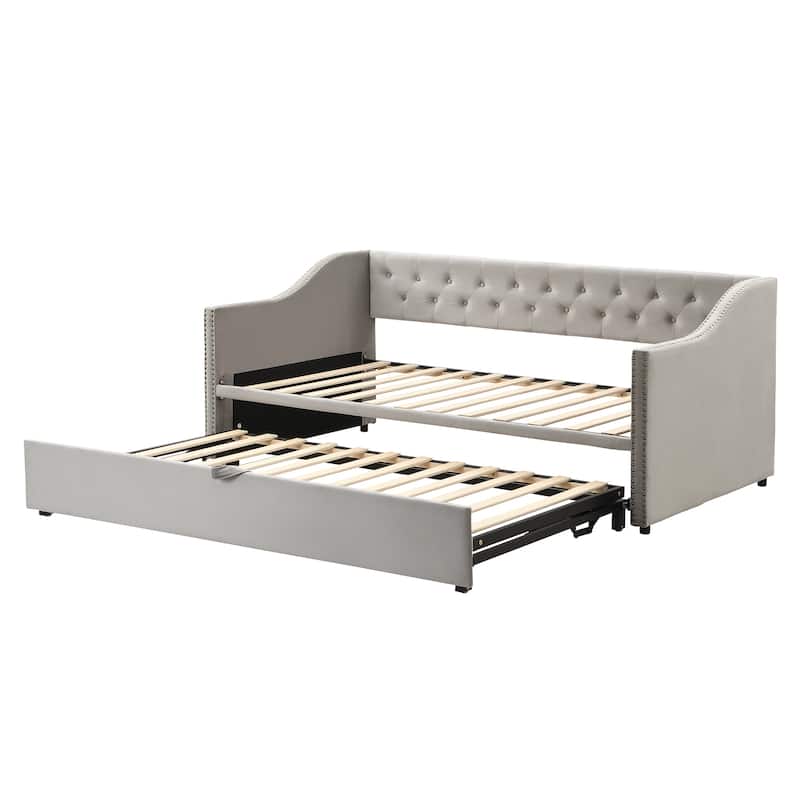 Gray Velvet Daybed Twin Sofa Bed w/ Pop Up Trundle, Upholstered Backrest, 2 Square Armrests, Convertible King Bed, Nailhead Trim