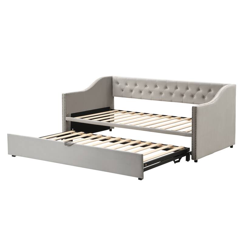 Twin Size Upholstered Daybed with Pop-Up Trundle, Expandable from Twin to King, Velvet with Armrests