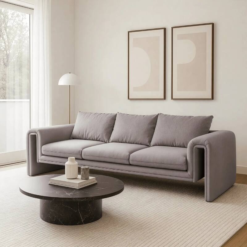 Ely Modern Minimalist Three-Seater Sofa Couch Upholstered in Smooth Linen with Iron Frame and Removable Cushions for Living Room - Light Brown
