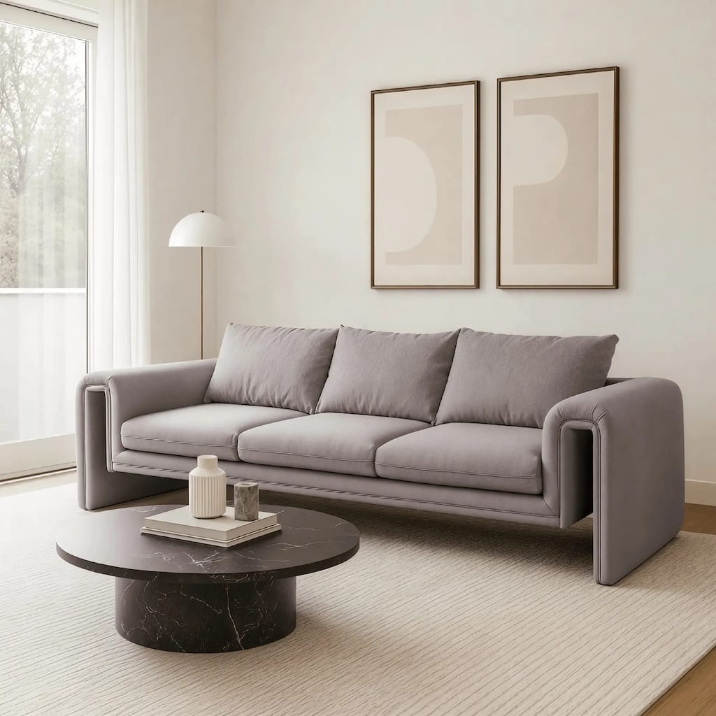 Ely Three-Seater Sofa Upholstered in Linen with Iron Frame and Removable Cushions