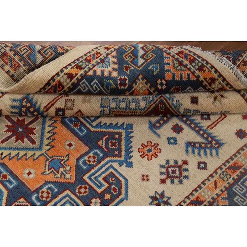 Geometric Ivory Kazak Accent Rug Handmade Wool Carpet - 4'0" x 5'11"