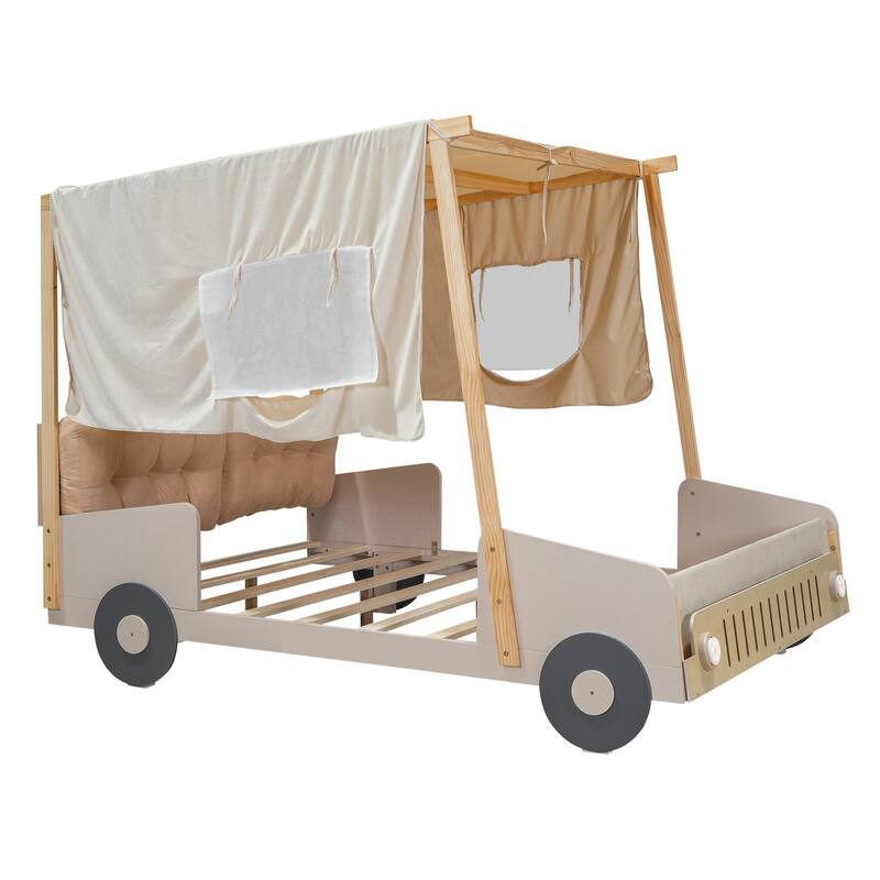 Wood Car Bed with Pillow, Ceiling Cloth and LED
