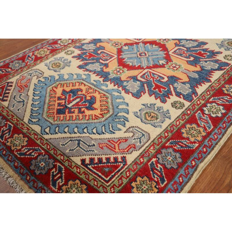 Geometric Kazak Foyer Rug Handmade Beige Wool Carpet - 2'8"x 4'1"