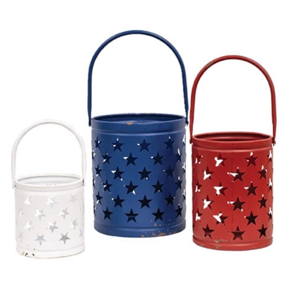 Rustic Metal Star Luminaries Set of 3 with Punched Stars Distressed Red White Blue Candle Holders - Blue: 6”Dia x 7”H
