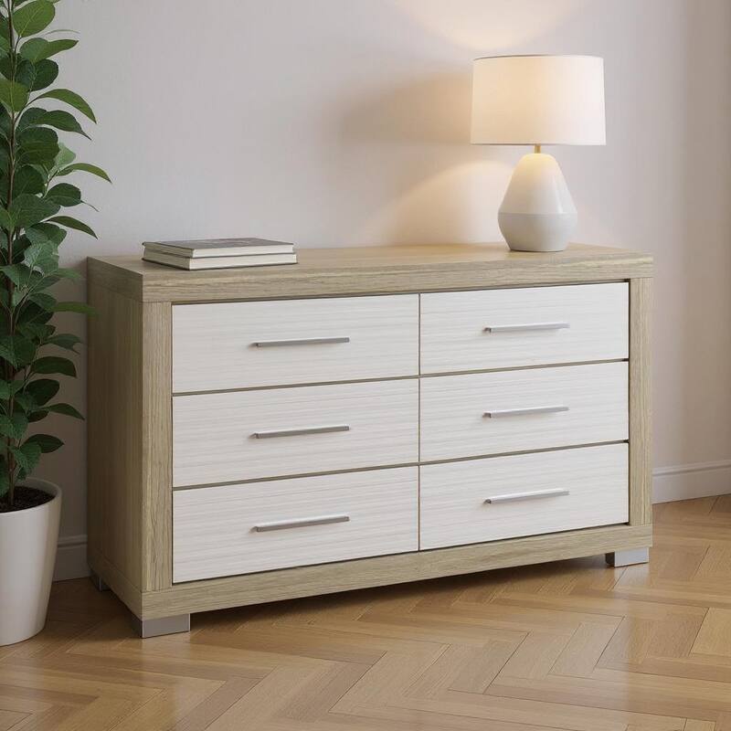 HomeRoots 63" Natural And White Wood Six Drawer Double Dresser - White/Natural - 6-drawer