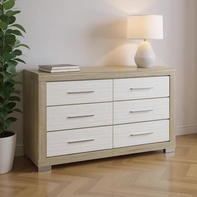 HomeRoots 63" Natural And White Wood Six Drawer Double Dresser
